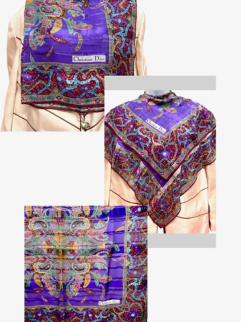 Christian Dior Soft 00% Silk Scarf Chiffon & Satin PurplePaisley Floral 31"(21 - Picture 8 of 14